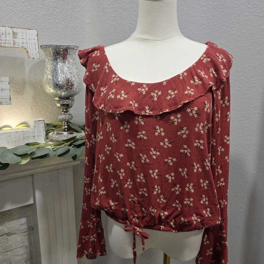 American Eagle Outfitters Red Ruffled Long Sleeve Blouse